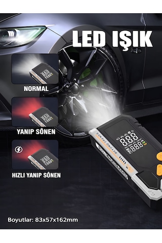 10000mah Akü Takviyeli Hava Pompası Kompresör Powerbank 150 Psı Led Fener Akıllı Basınç Siyah - Abs+