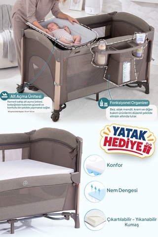 Prego Elips Plus Anne Yanı Park Yatak Oyun Parkı Sallanır Beşik Kolay Katlanır Aliminyum Kasa + Yatak Hediyeli