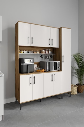 Plain Metal Ayak Metal Kulp Pla9155 Kahve Köşesi 9 Kapaklı Çok Amaçlı Dolap Erzak Dolabı Kiler Dolabı Saklama Dolabı Ekru Ceviz