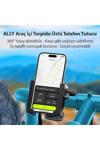 Ally Motosiklet Bisiklet Scooter İçin 360 Derece Dönebilen Gidon Bağlantılı Telefon Tutucu Siyah