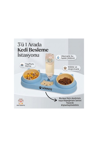 Mavi Kedi Köpek Mama Ve Su Kabı Seti Otomatik Su Hazneli Çift Mama Kabı 42x16,5 Cm