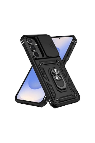 Samsung Galaxy S26 İle Uyumlu Kılıf Magnetik Standlı Kamera Korumalı Sürgülü Kapak Siyah