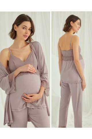 Birolgaye 1767 Pudra Modal Penye Hamile Lohusa 3 Lü Pijama Sabahlık Tk