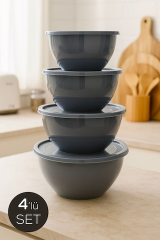 4 Lü Yuvarlak Kase Seti Antrasit 1l, 1.5l, 2.3l, 3.3l Kapaklı Çok Amaçlı Mutfak Saklama Kabı Antrasit