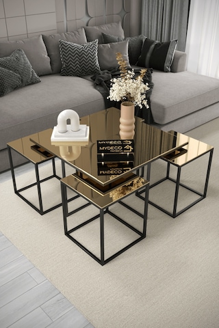 4+1 Siyah Kaplama Bronz Ayna Orta Sehpa