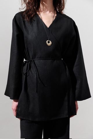 Manuka Keten Kruvaze Kapama Kimono Siyah Siyah