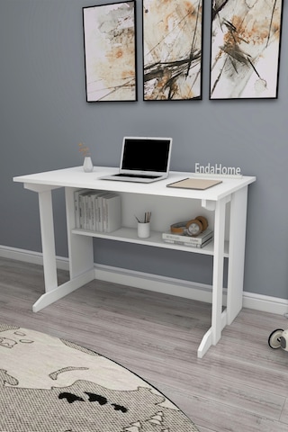 Vennüs 100x55 Cm Kütüphaneli Geniş Çalışma Masası Laptop Bilgisayar Masası Ofis Ders Masası Mat Beyaz