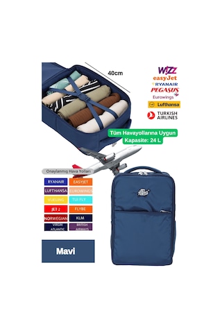 Jet Turtle Seyahat Sırt Çantası 40cm 40x25x15 Cm Pegasus, Wizz Air, Ryanair, El Valizi Koltuk Altı Valizi Koyu Mavi