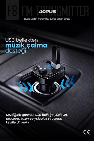 Jopus Bluetooth FM Transmitter Kablosuz Araç İçi Kiti Çakmaklık Şarj Aleti Oto MP3 Çalar USB Araç Müzik Ad