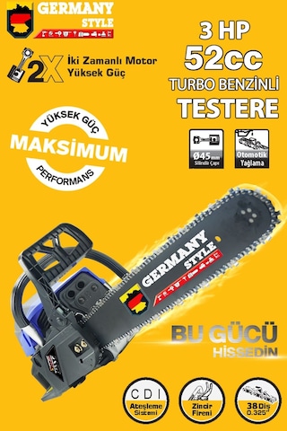 Germany Style Alman Turbo MS-650 52 CC Benzinli Hızar Ağaç Kesme Moturu Zincirli Testere