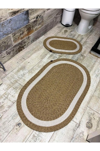 Jüt Hasır 2li Banyo Paspas Takımı-bej Ortası Beyaz Bej