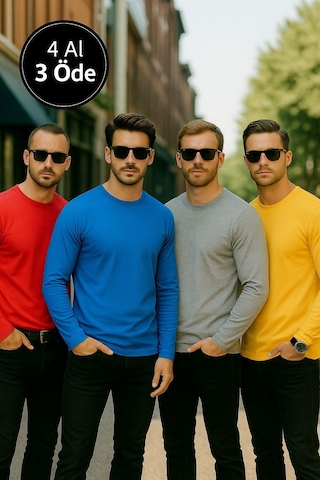 Rich Erkek Sarı-mavi-kırmızı-gri Melanj 4'lü Paket Basic Uzun Kollu Tişört Body T-shirt Çok Renkli