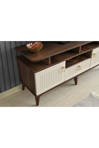 110 CM MDF MEBRAN KAPAK RAFLI TV SEHPASI BAROK CEVİZ - KREM