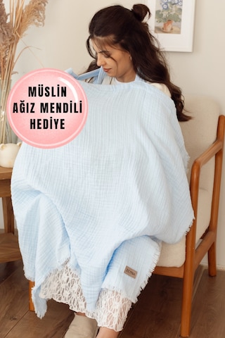 Zeypba %100 Pamuk 4 Katlı Müslin Emzirme Örtüsü & Puset Örtüsü Püsküllü 85x110 CM Bebe Mavi