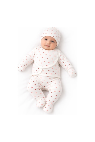 Baby Shez %100 Pamuklu Fitilli 5 Parça Yenidoğan Hastane Çıkışı Kalpli Zıbın Set Krem