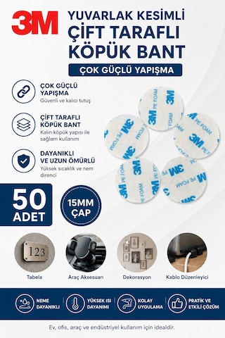50 Adet 3m Yuvarlak Kesimli Çok Güçlü Çift Taraflı Köpük Bant Çap: 15mm