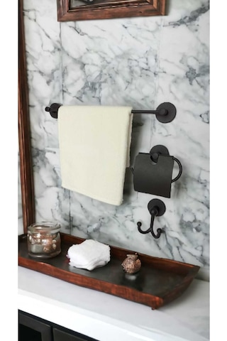 Yapışkanlı Banyo Düzenleyici Seti Havluluk, Tuvalet Kağıtlığı, Bornozluk Siyah