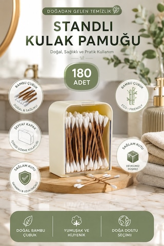 Porsima 3135 Doğal Ahşap Bambu Saplı Standlı Kulak Temizleme Çubuğu Seti- 180 Adet Renkli