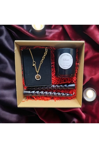 Denic Hediye Seti Kokulu Siyah Bardak Mum Yaşam Agacı Kolye Burgulu Mum