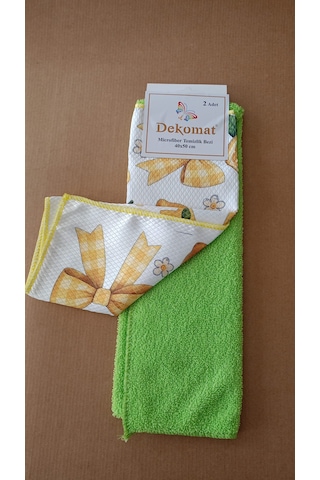Microfiber Temizlik Bezi 40x50 Cm 2 Adet Hediye Kuşaklı Bir Adet Baskılı Bir Adet Naturel Yeşil