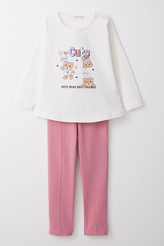 Breeze Kız Bebek Taytlı Takım Sevimli Dostlar Temalı Ayıcık Baskılı 9 Ay-3 Yaş, Beyaz-beyaz Beyaz