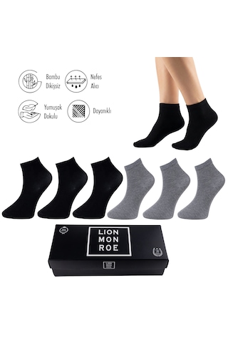 Saf Bambu Erkek Yarım Konç Düz Siyah - Gri Melanj Çorap Dikişsiz Premium Kutulu 6'lı L5952aznp Softaura
