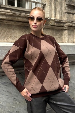 Veraura Lifestyle Kahverengi Baklava Triko Kazak
