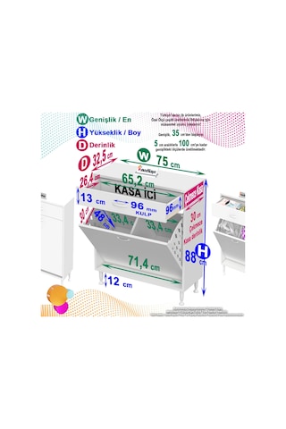 Eliusta Asil 75 Cm Kirli Çamaşır Sepetli Banyo Dolabı 1 Çekmeceli Mutfak Çok Amaçlı Dolap 75x88x32,5 Cm Beyaz