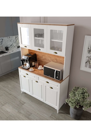 Guneystore Gözde Kahve Köşesi - 140 Cm Mdf Ayaklı Mutfak Dolabı - Led Aydınlatmalı Atlantik Çam - Beyaz