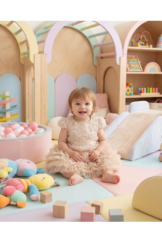 Jolin Kids Kız Bebek Gül Detaylı Kat Kat Tül Abiye Elbise Ekru 9-36 Ay Ekru