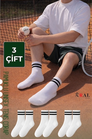 Kral Socks Erkek Kadın 3 Çift Çizgili Kolej Tenis Çorabı Pamuklu Terletmez Çorap Beyaz