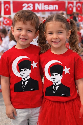 Herşeynota Unisex Çocuk Atatürk Baskılı Tişört Kırmızı 23 Nisan Okul Gösterisi 3-14 Yaş
