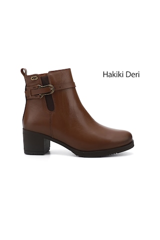 Gönderi R Taba Floter Fermuarlı Kalın Topuklu Hakiki Deri Bot Taba Floter