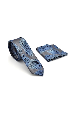 Gaffy Mavi Lacivert Şal Desenli Gri Dokuma Kumaş Mendilli Slim Fit Kravat // Sdk-240115 Çok Renkli