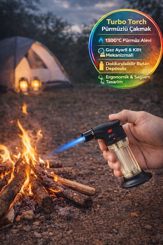 Turbo Torch Pürmüzlü Çakmak 1300 C Jet Alev Gaz Ayarlı Kilitli Doldurulabilir Torch Çakmak