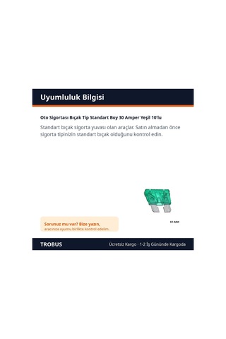 Trobus Oto Sigortası Bıçak Tip Standart Boy 30 Amper Yeşil 10'lu Diğer