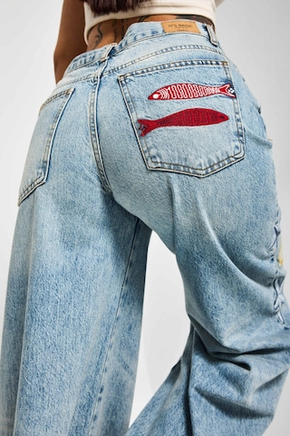 it's basic Kadın Kot Rengi 4s6-32 Palazzo Fit Deniz Dünyası Nakışlı Özel Tasarım Denim Jean Mavi