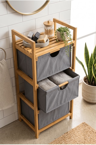 Robin Home Bambu 3 Raflı Çamaşır Sepeti Banyo Mutfak Organizeri Raflı Dolap Bej