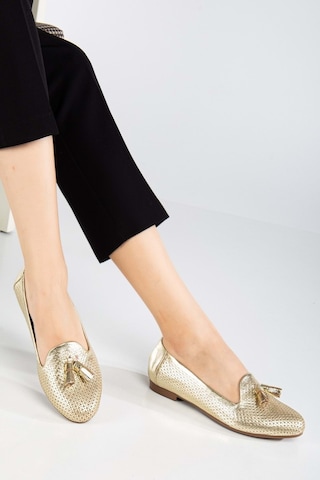 Analin Shoes Kadın Hakiki Deri Baskılı Püsküllü Babet Altın