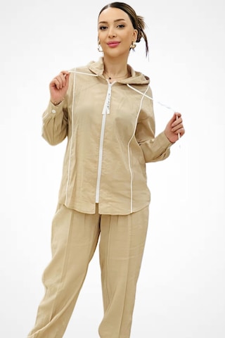 Ysatis Minimalist Oversize Kapüşonlu Kadın Ceket Takımı - Günlük Spor Şıklık Bej