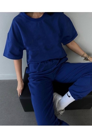Basic T-shirt Eşofman Altı Jogger - Saks Mavi Düz Alt Üst Eşofman Takımı Oversize Bisiklet Yaka Saks Mavi