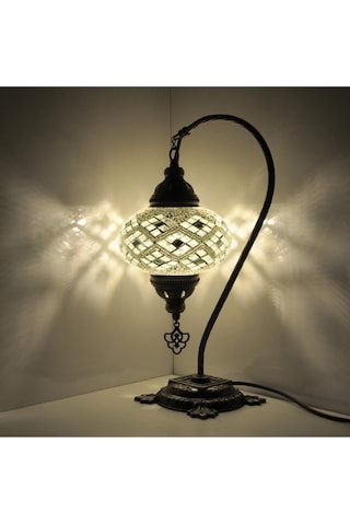 Mozaik Masa Lambası Türk Lambası Dekoratif Masa Aydınlatması Özel Tasarım Otantik Lamba Beyaz