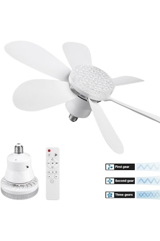 2in1 Tavan Vantilatör - Avize Lamba Kumandalı 52cm Sinek Kovucu 6-beyaz Plastik Kanat 3-kademe Hız Beyaz-sarı-doğ