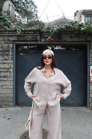 Kechi Woman Tensel Kumaş Gömlekli Takım Bej