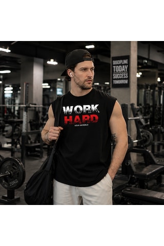 Urbantrendstore Baskılı Premium Fitness Sporcu Atleti Gym Tişört %100 Pamuklu T-shirt Açık Siyah