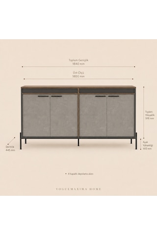 Voguemaxima Home Verona 4 Kapaklı Metal Ayaklı Konsol 184x44,5x91,6 Cm Kahve Beton Antrasit Antrasit - Mermer