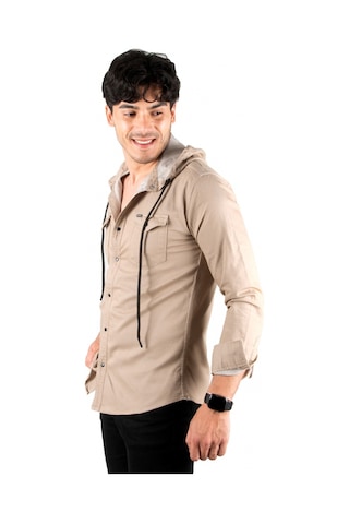 Deep Sea Deepsea Bej Kapüşonlu Likralı Kot Gömlek Slim Fit Çıt Çıt Kapamalı Erkek Gömlek 2300396