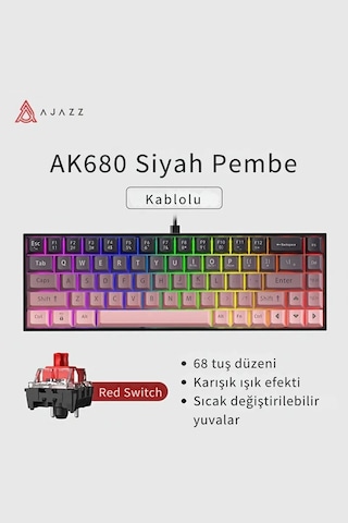Ak680 Kırmızı Switch Hot-swap Kablolu Mekanik Oyuncu Gaming Klavye - Pembe