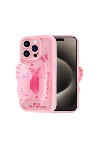 Apple Uyumlu iPhone 15 Pro Kılıf Kamera Korumalı Figür Tasarımlı Zore Kapya Kapak Pembe Açık
