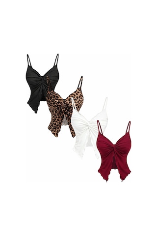Wild Flower Leoparlı 4lü Set Ön Büküm İnce Askılı Alaçatı Crop Çok Renkli